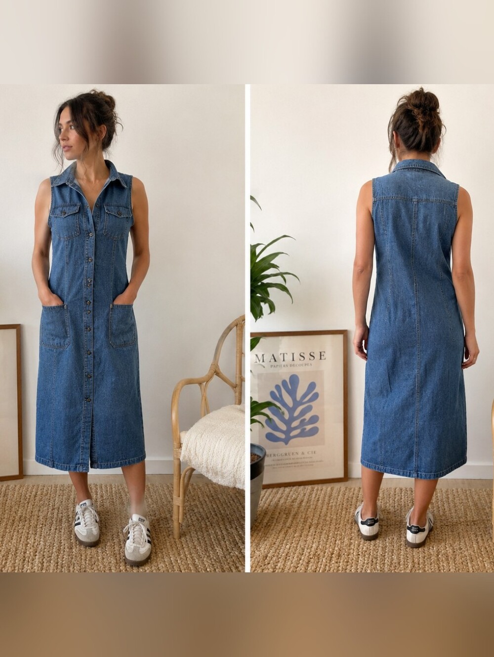 Vintage 90s Denim Midi Dress | Sleeveless Button Front Jean Dress | Utilityy